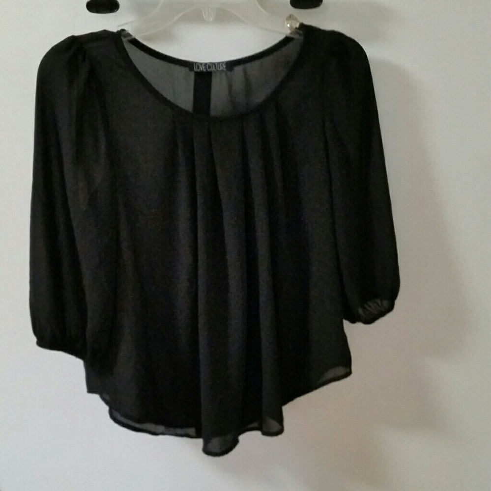 Sheer Black Blouse, pleated front @ neck,