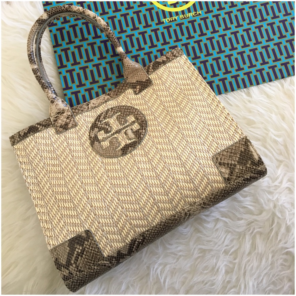 Tory Burch Snakeskin Raffia Mini Ella Tote Bag - Picture 1 of 7