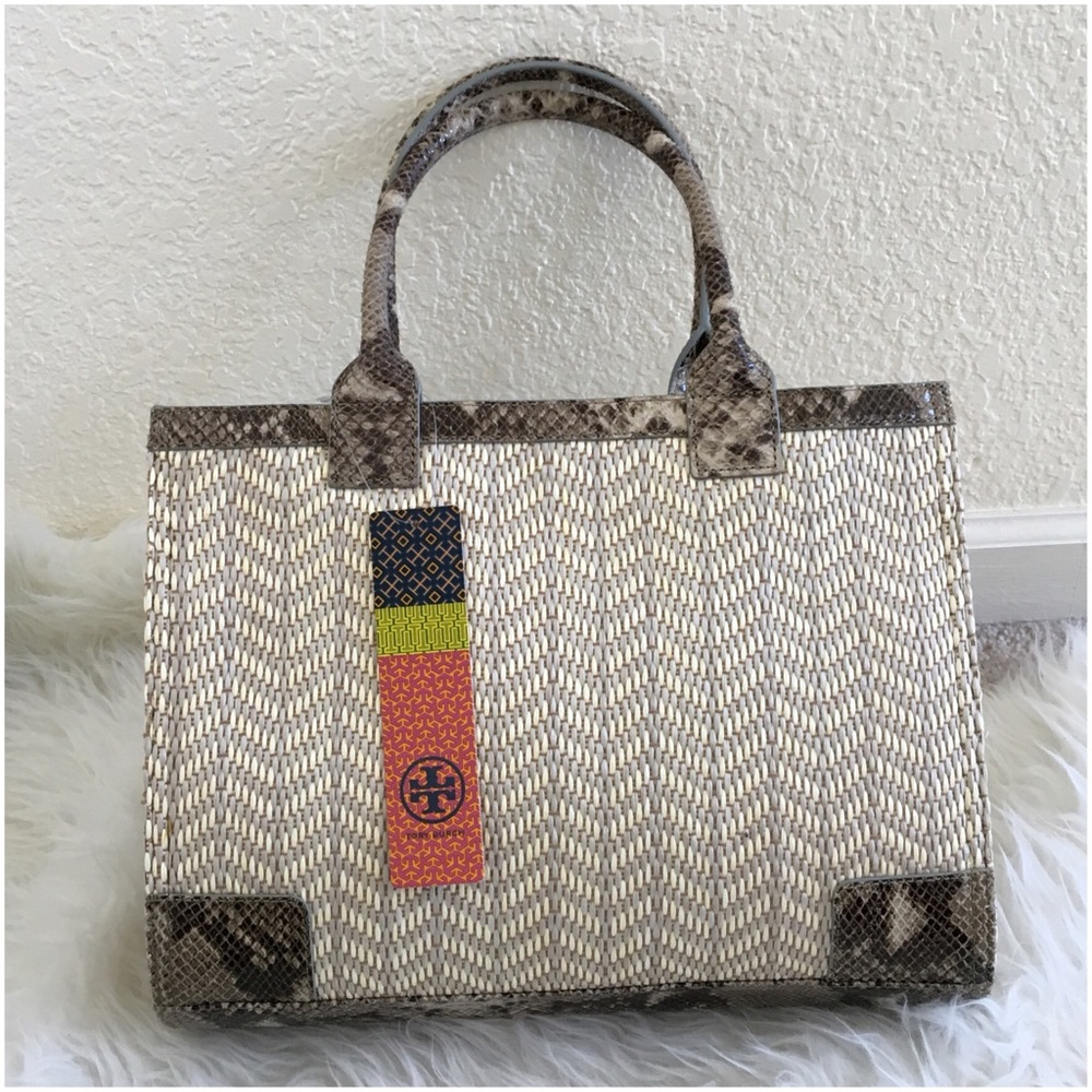 Tory Burch Snakeskin Raffia Mini Ella Tote Bag - Picture 2 of 7