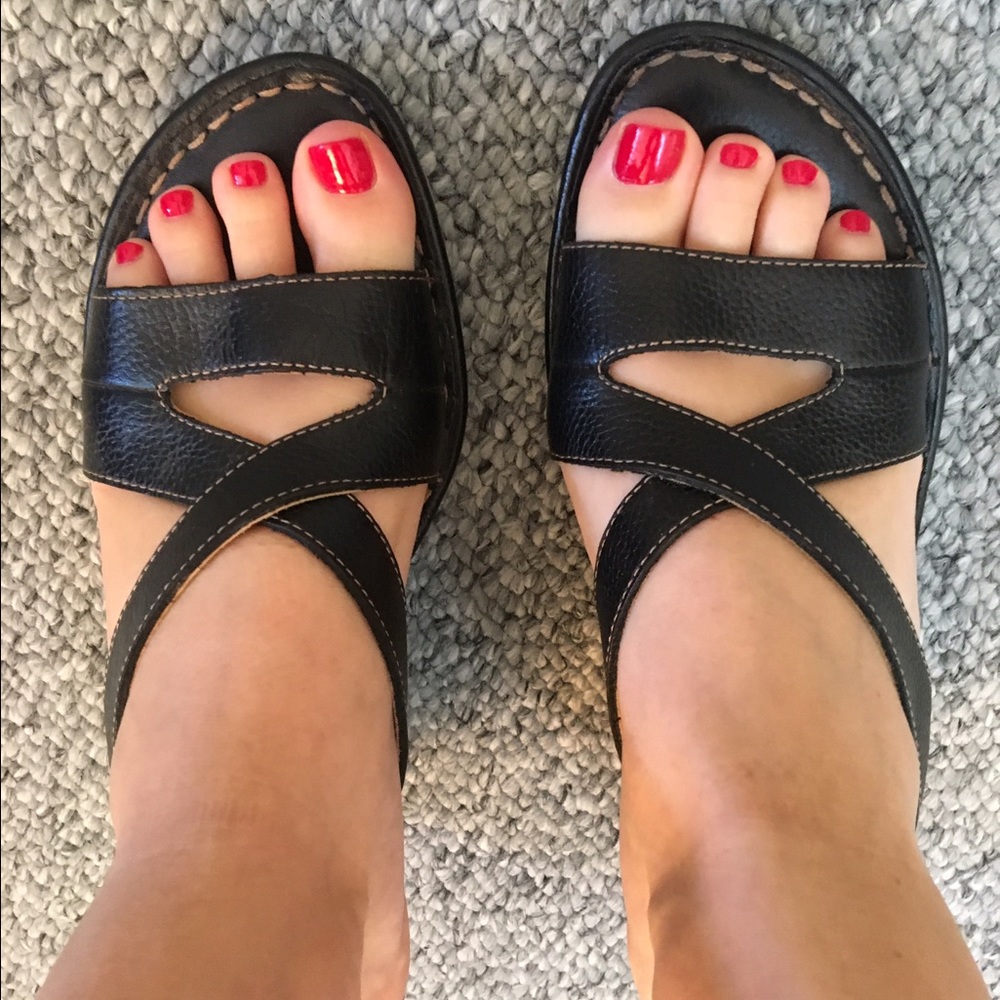 Black BORN leather wedge sandal