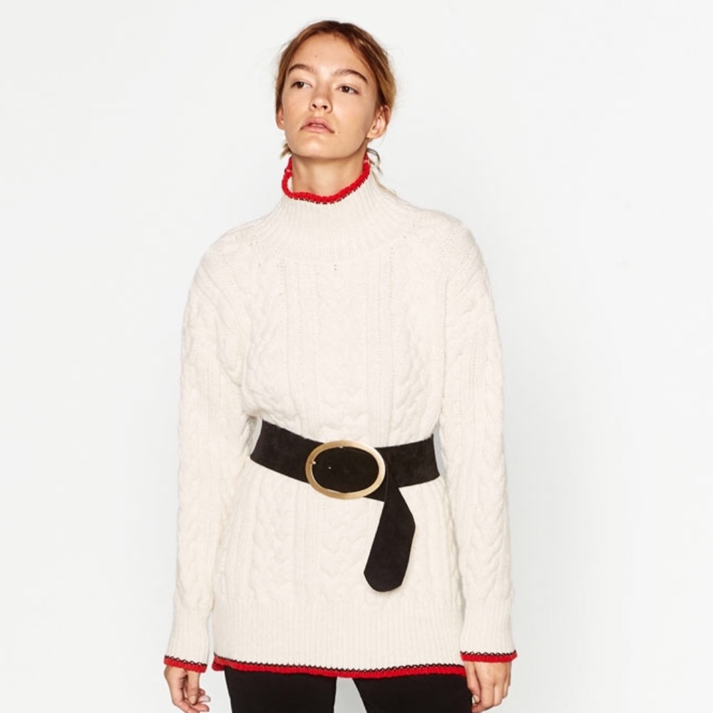 Zara black & red tipped cable knit sweater Sz S