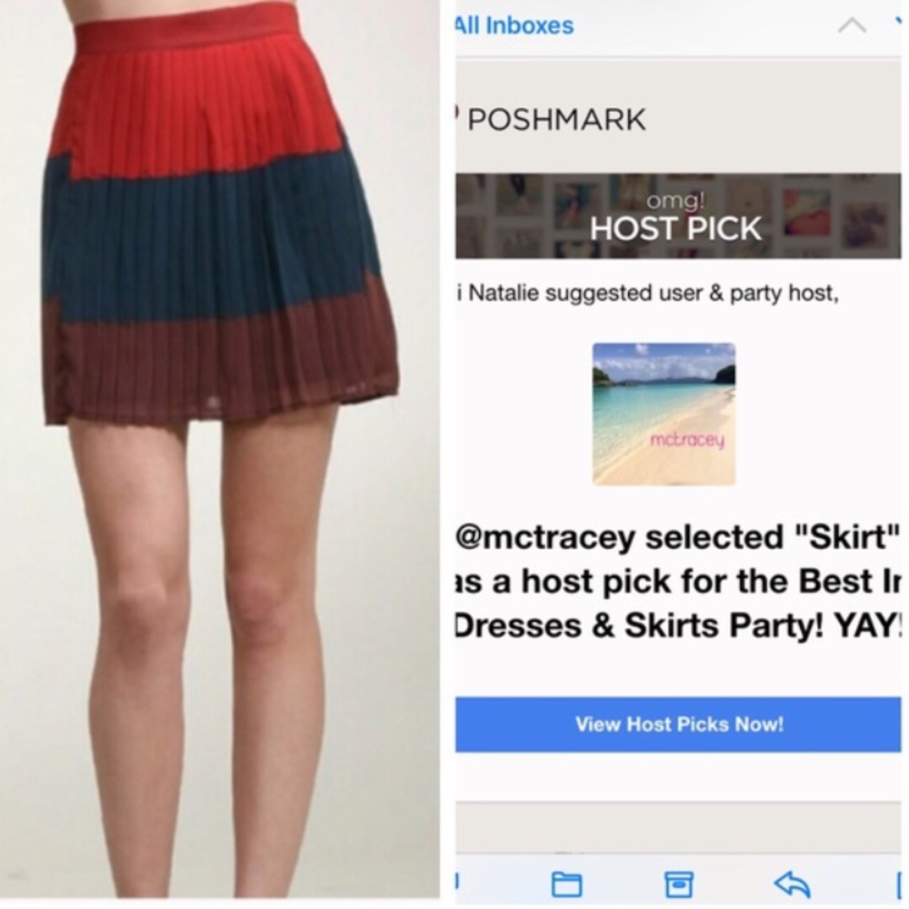 Red Blue Brown Stripe Pleated Skirt