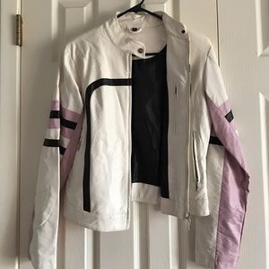 White and Lilac Faux Leather Bike Jacket