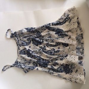 Blue and white paisley tank with lace trim