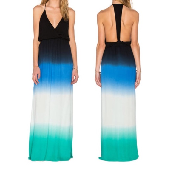 Ombré MAXI DRESS Stretch Jersey T-Back Blue Green - Picture 2 of 2