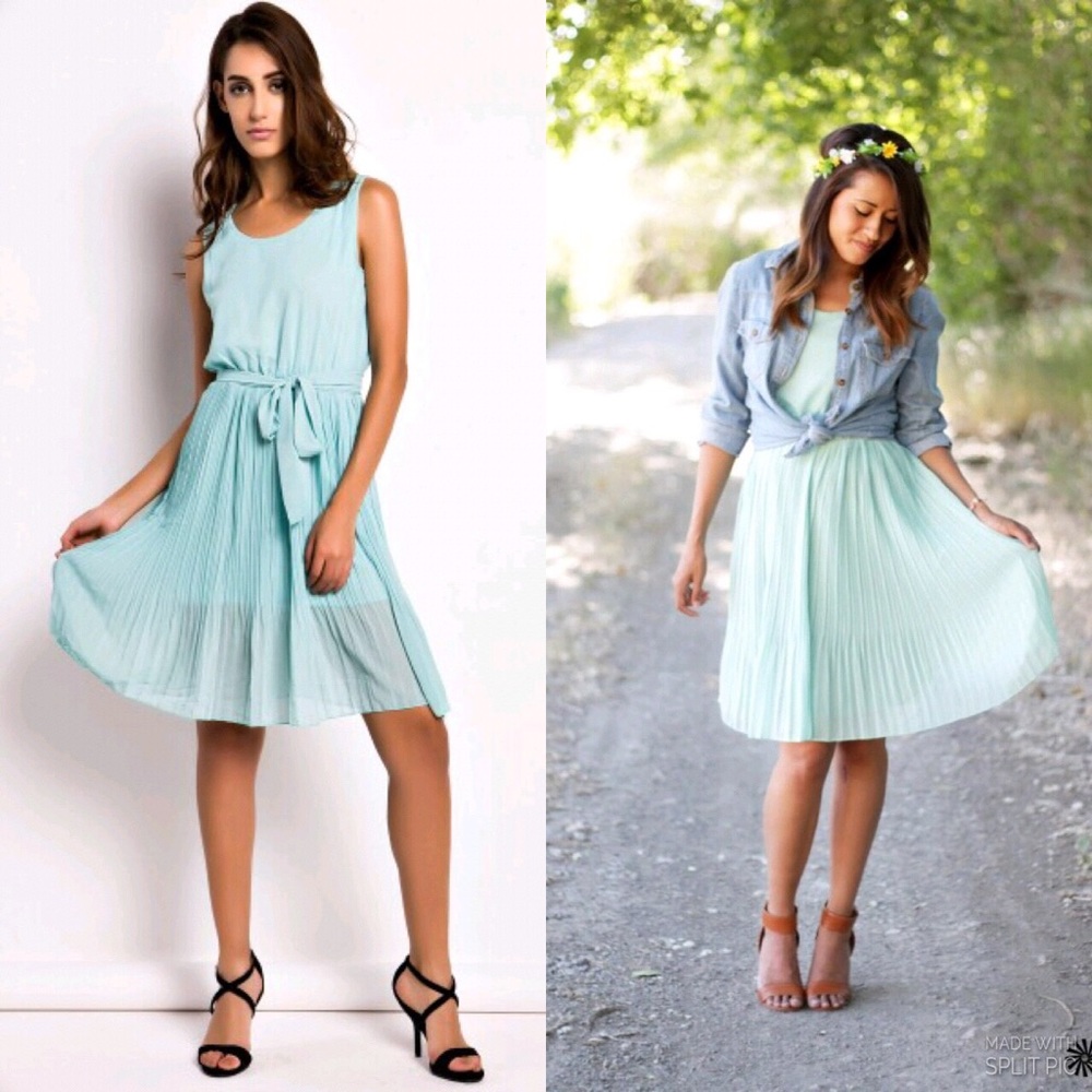PLEATED CHIFFONAQUA DRESSNWT - Picture 1 of 4