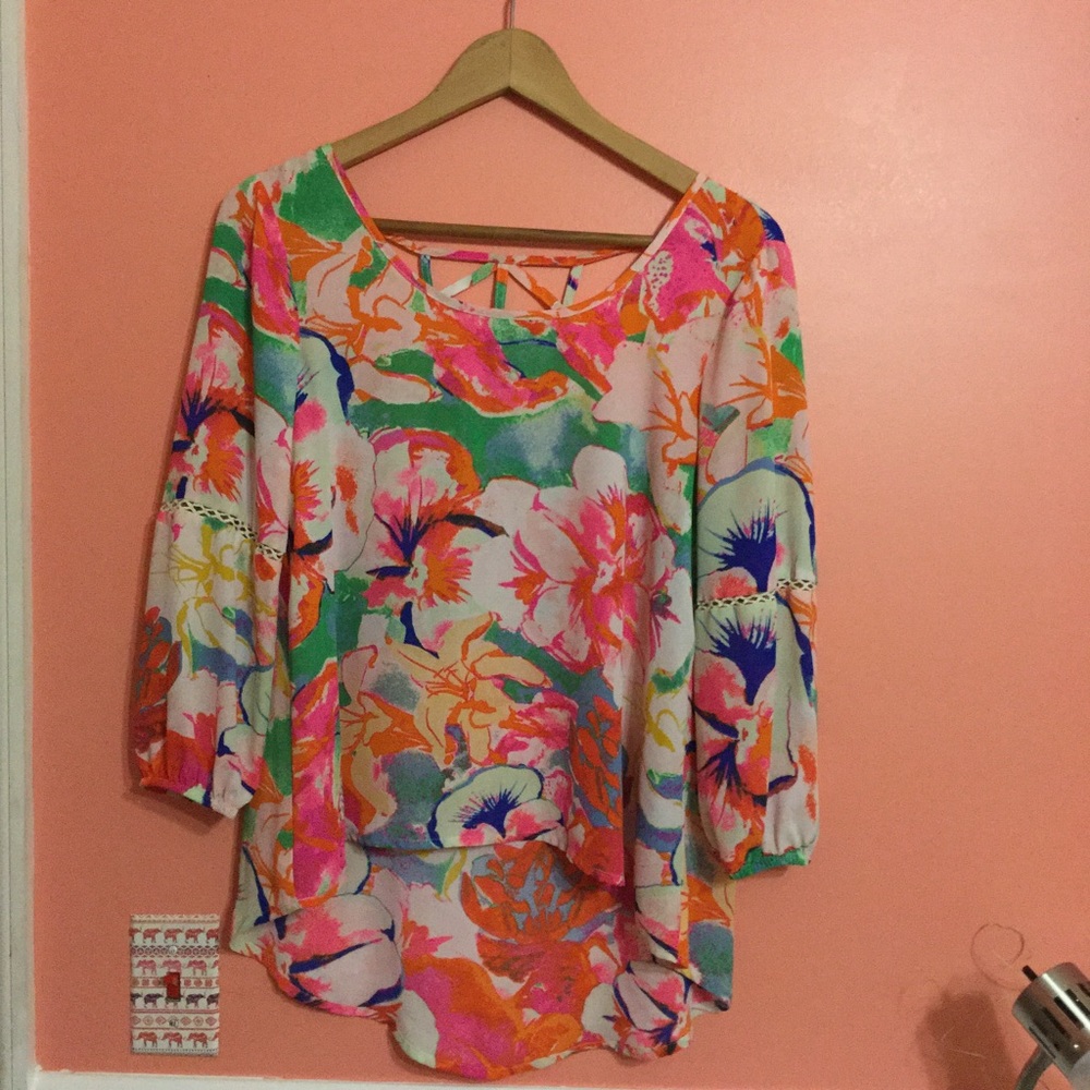 Bright floral sheer open back cross pattern top