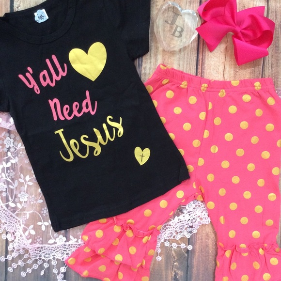 Boutique Toddler Girl YALL need JESUS 3pc Outfit - Picture 2 of 4