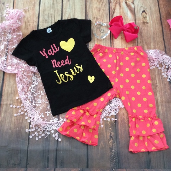 Boutique Toddler Girl YALL need JESUS 3pc Outfit - Picture 3 of 4