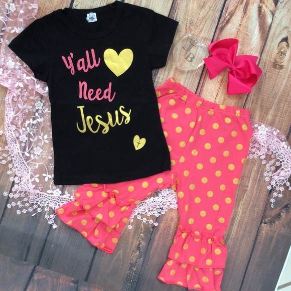 Boutique Toddler Girl YALL need JESUS 3pc Outfit - Picture 4 of 4
