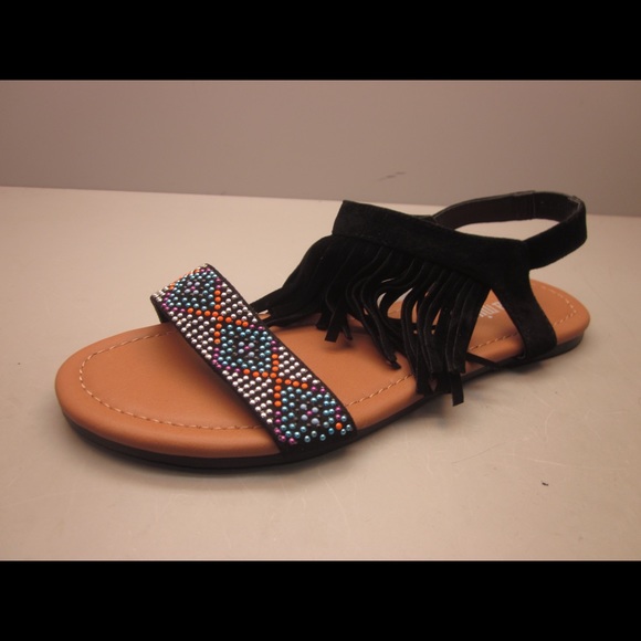 shoeroom21 boutique Shoes - Ladies flat sandal with ankle strap fringe. Black