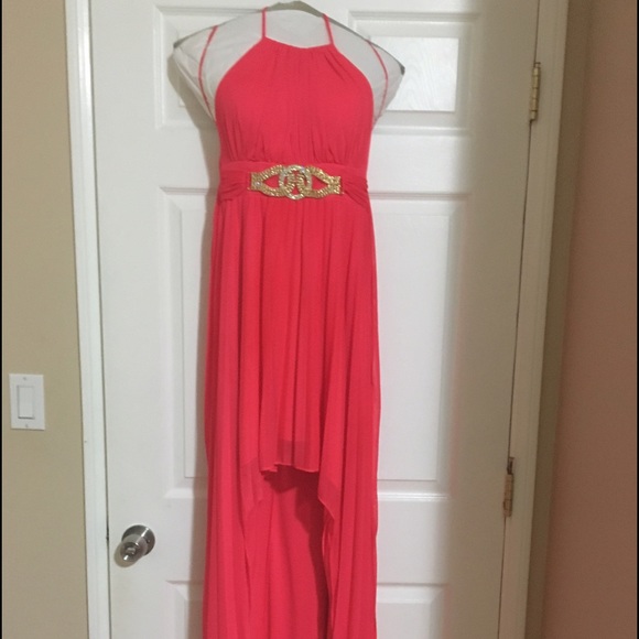 Cache Pleated High Low Hem Coral Gown Dress - Picture 2 of 8