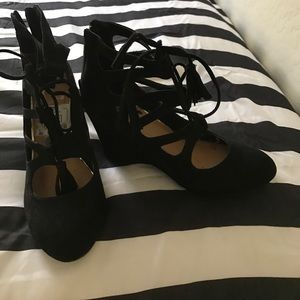 Black lace up wedges