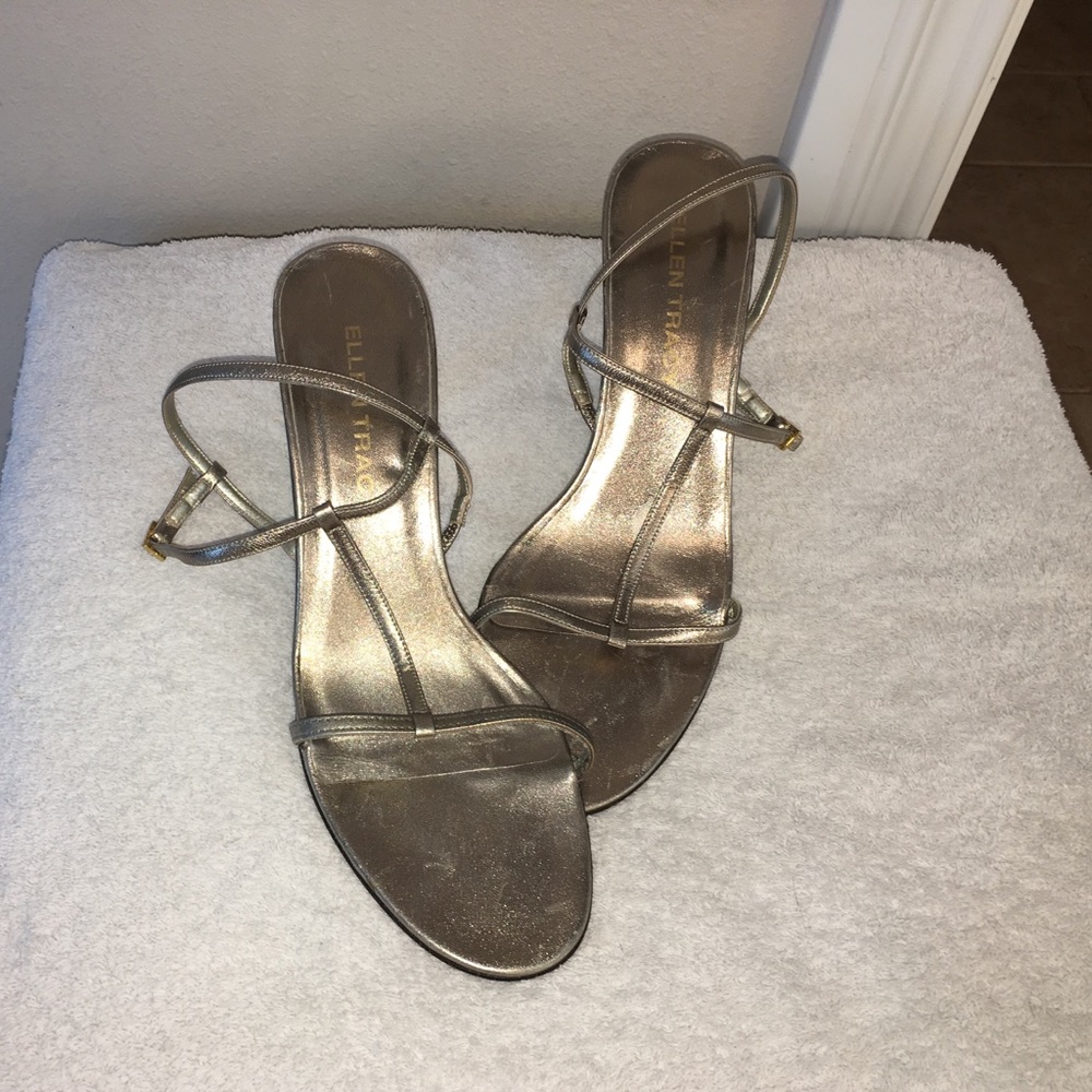 Ellen Tracy gold T strap heels.
