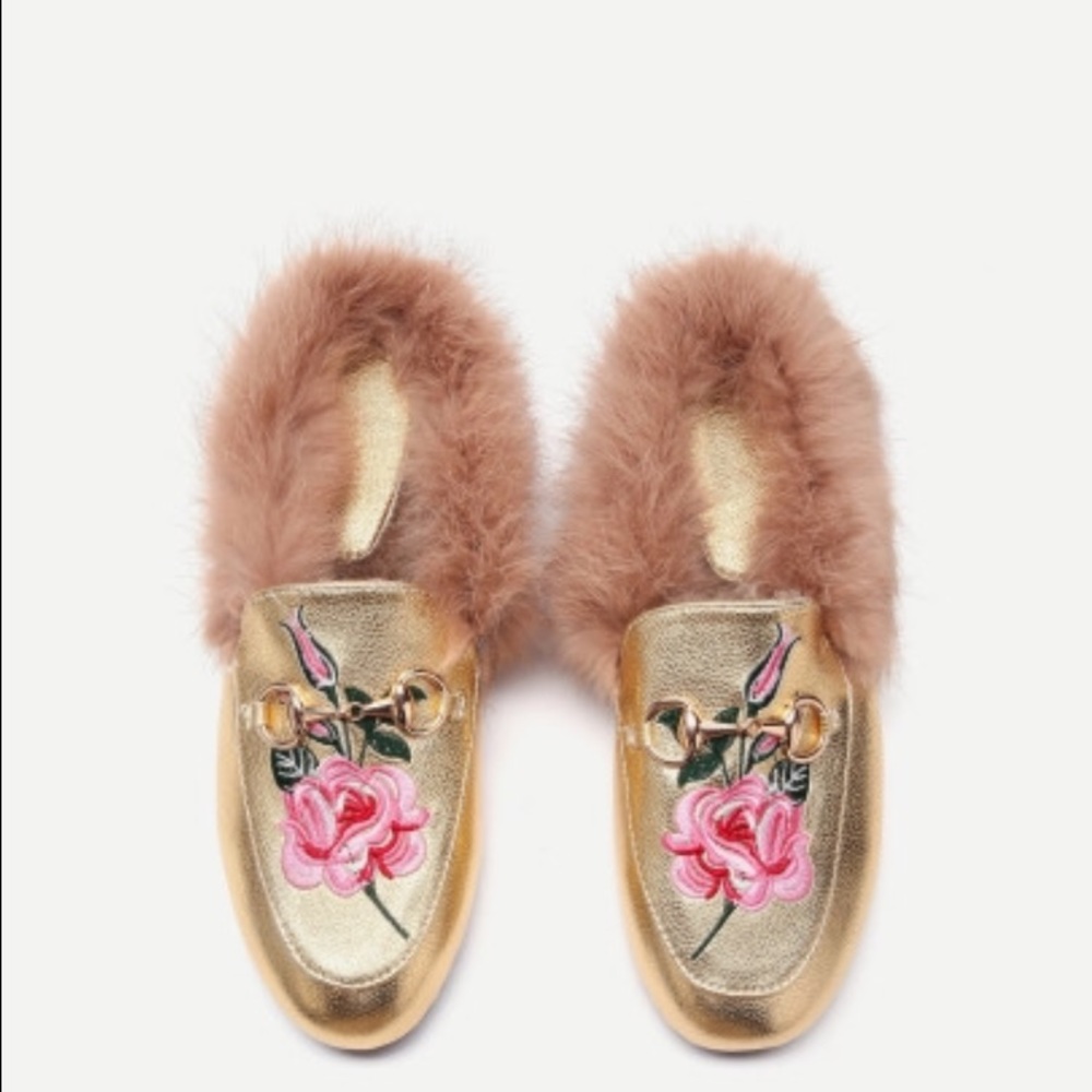 Gold Fur Lined Loafers Rose Embroidery