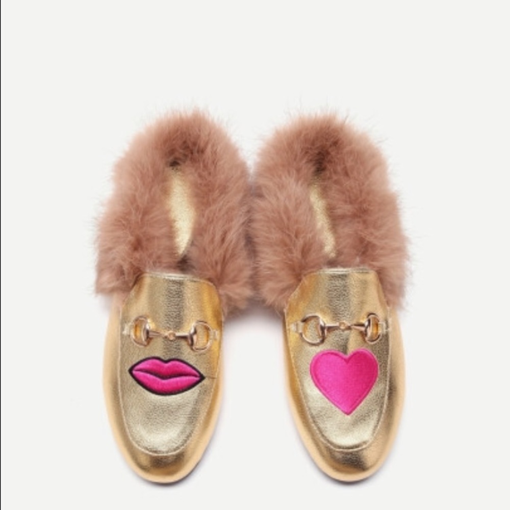Gold Fur Lined Loafers Heart & Lips - Picture 1 of 3