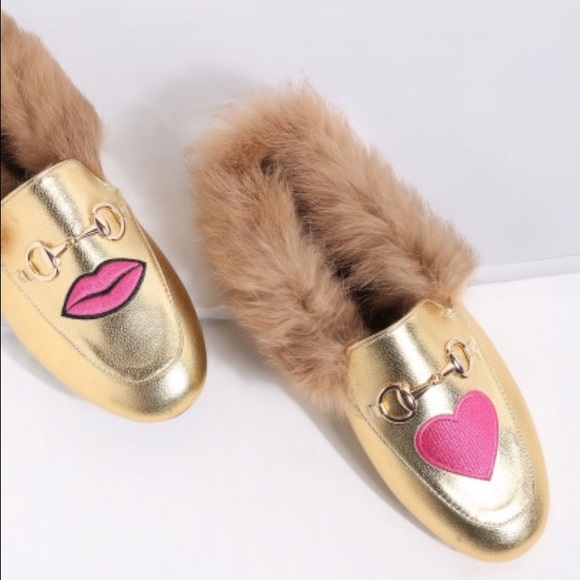 Gold Fur Lined Loafers Heart & Lips - Picture 2 of 3