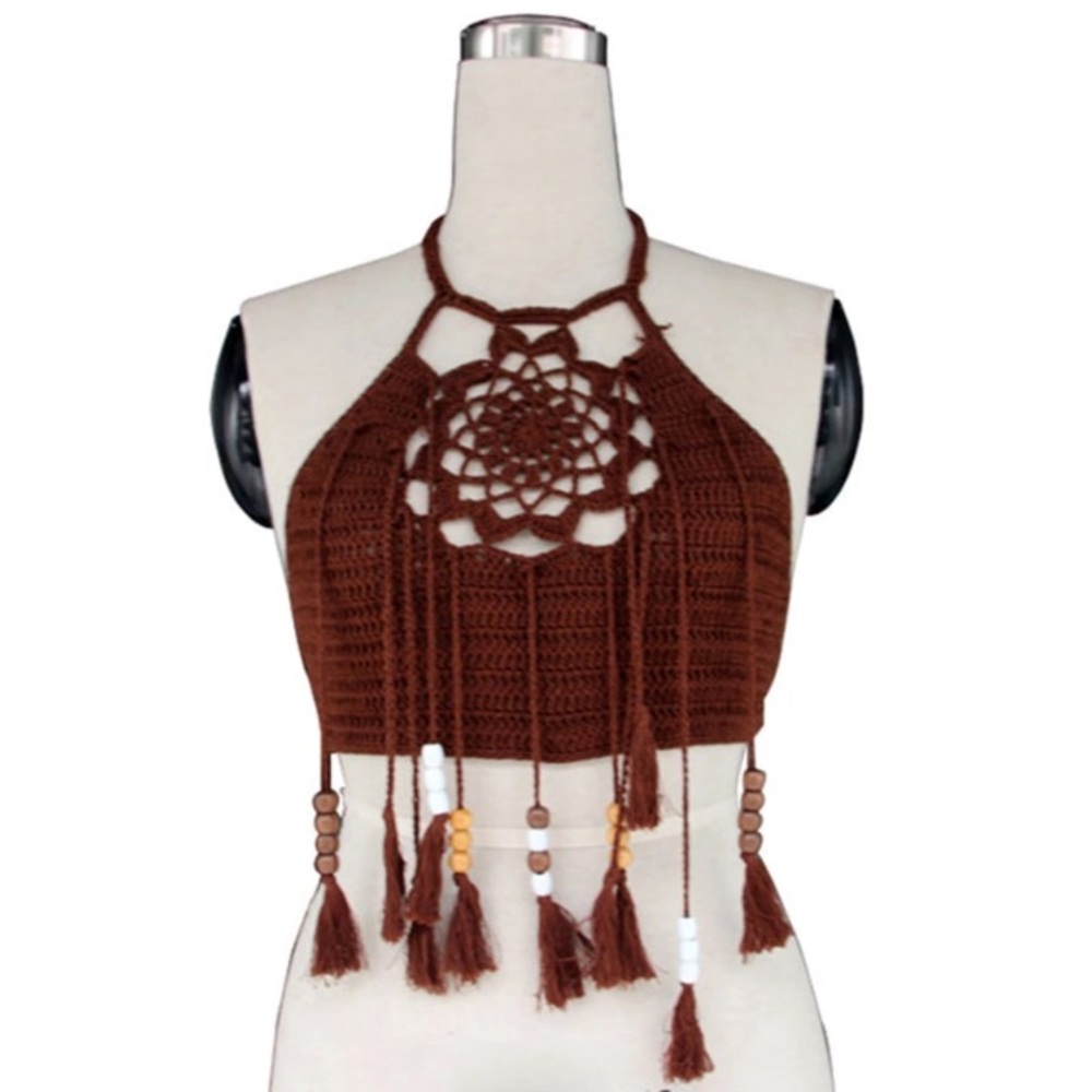 Crochet Bikini Crop Top Bralette Fringe Swim - Picture 3 of 7