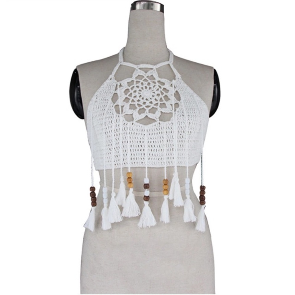 Crochet Bikini Crop Top Bralette Fringe Swim - Picture 5 of 7
