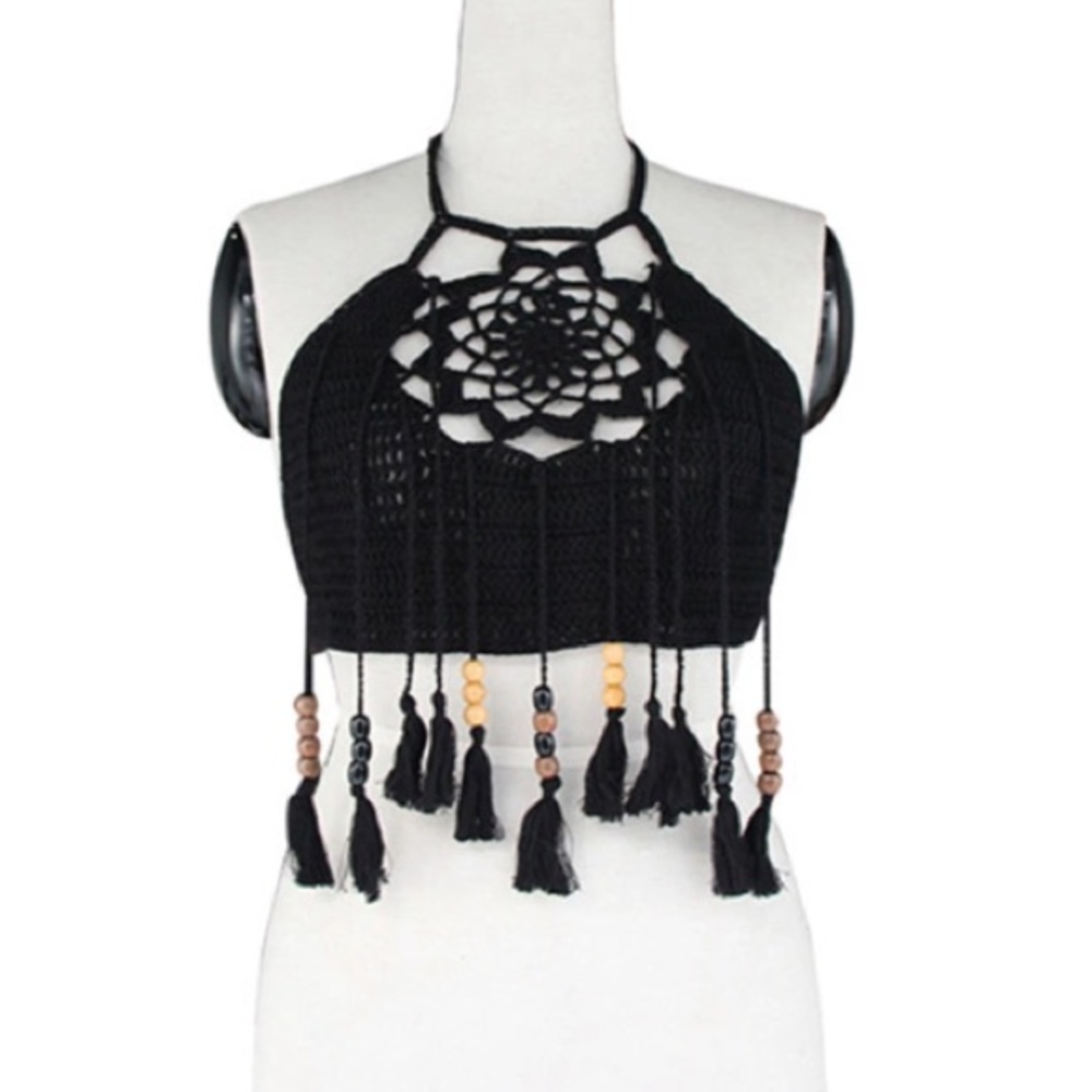 Crochet Bikini Crop Top Bralette Fringe Swim - Picture 4 of 7