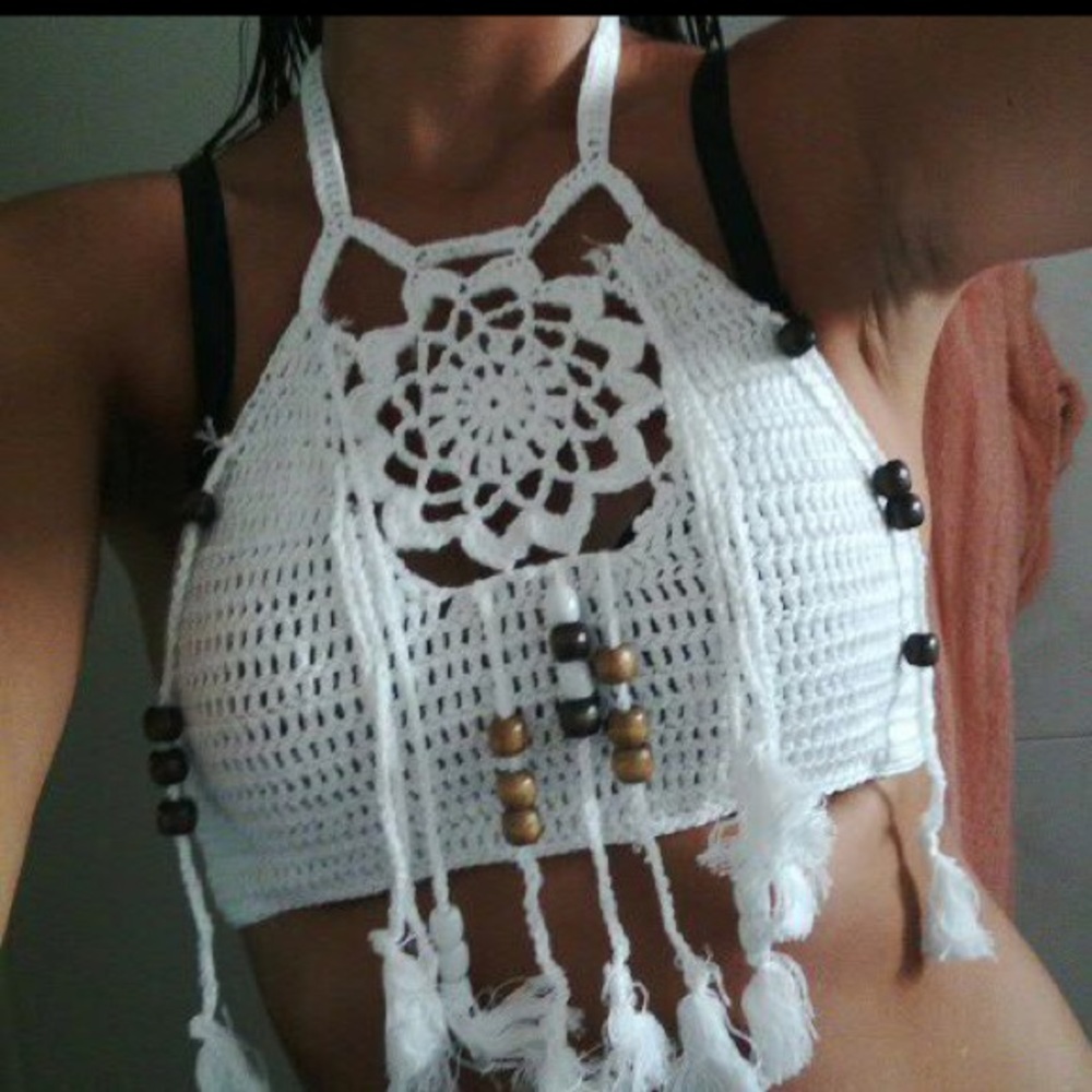 Crochet Bikini Crop Top Bralette Fringe Swim - Picture 7 of 7
