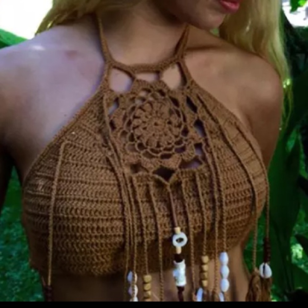 Crochet Bikini Crop Top Bralette Fringe Swim - Picture 2 of 7