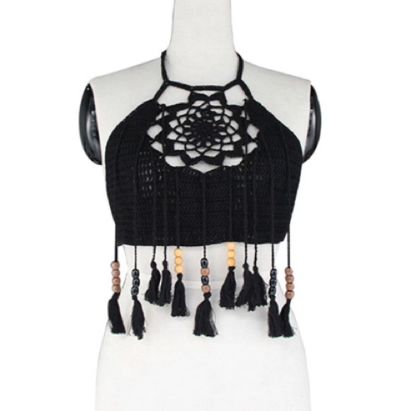 Crochet Bikini Crop Top Bralette Fringe Swim - Picture 4 of 7