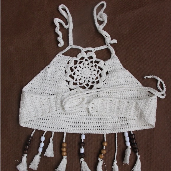 Crochet Bikini Crop Top Bralette Fringe Swim - Picture 6 of 7