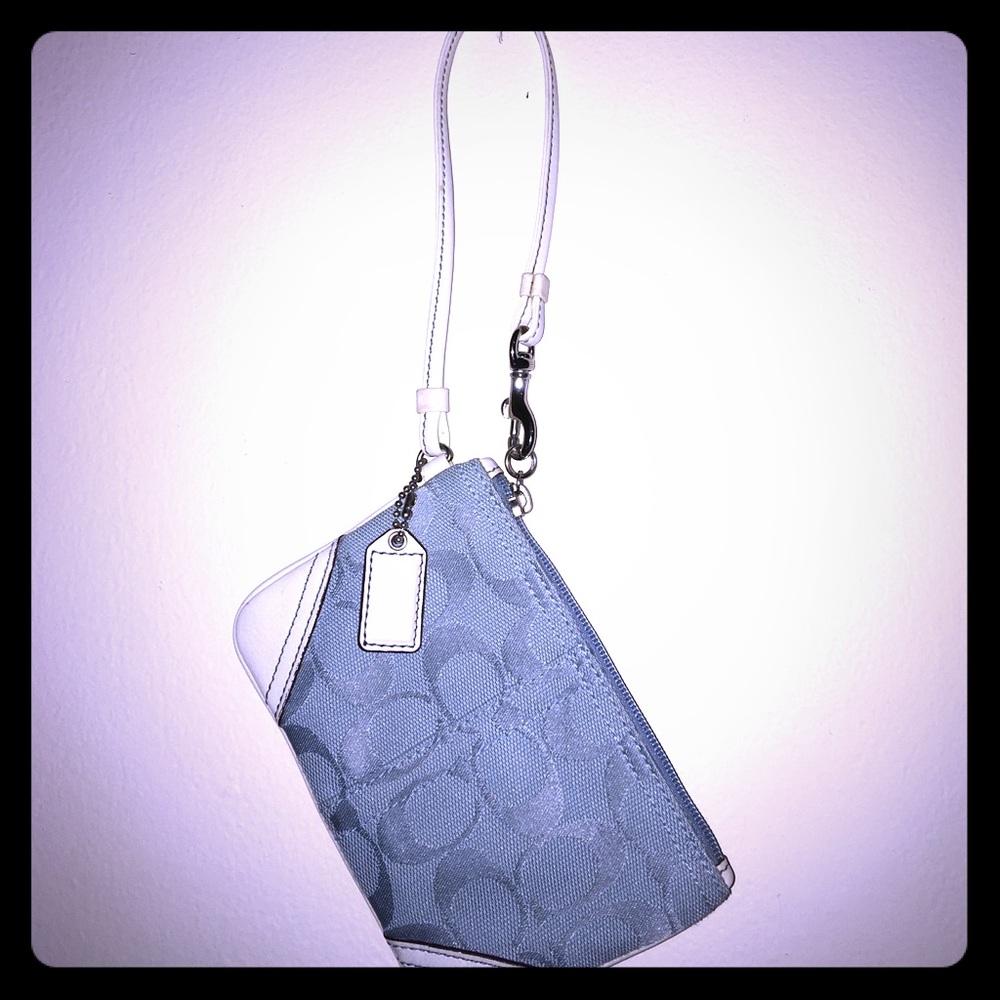 Coach Light Blue Jacquard White Leather Wristlet