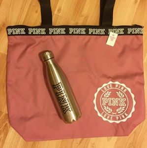 Pink Victoria secret tote and water bottle.