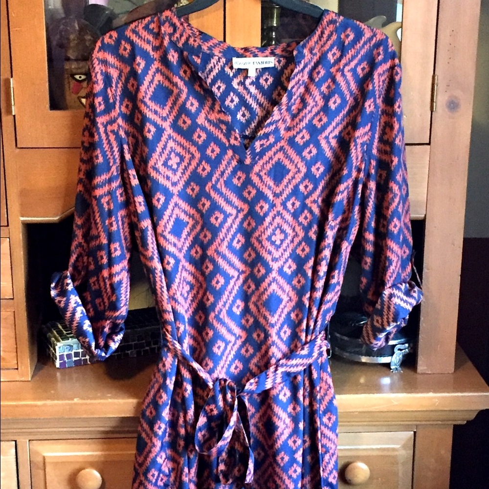 Almost Famous Dress, Size 3X Blue and Orange Print