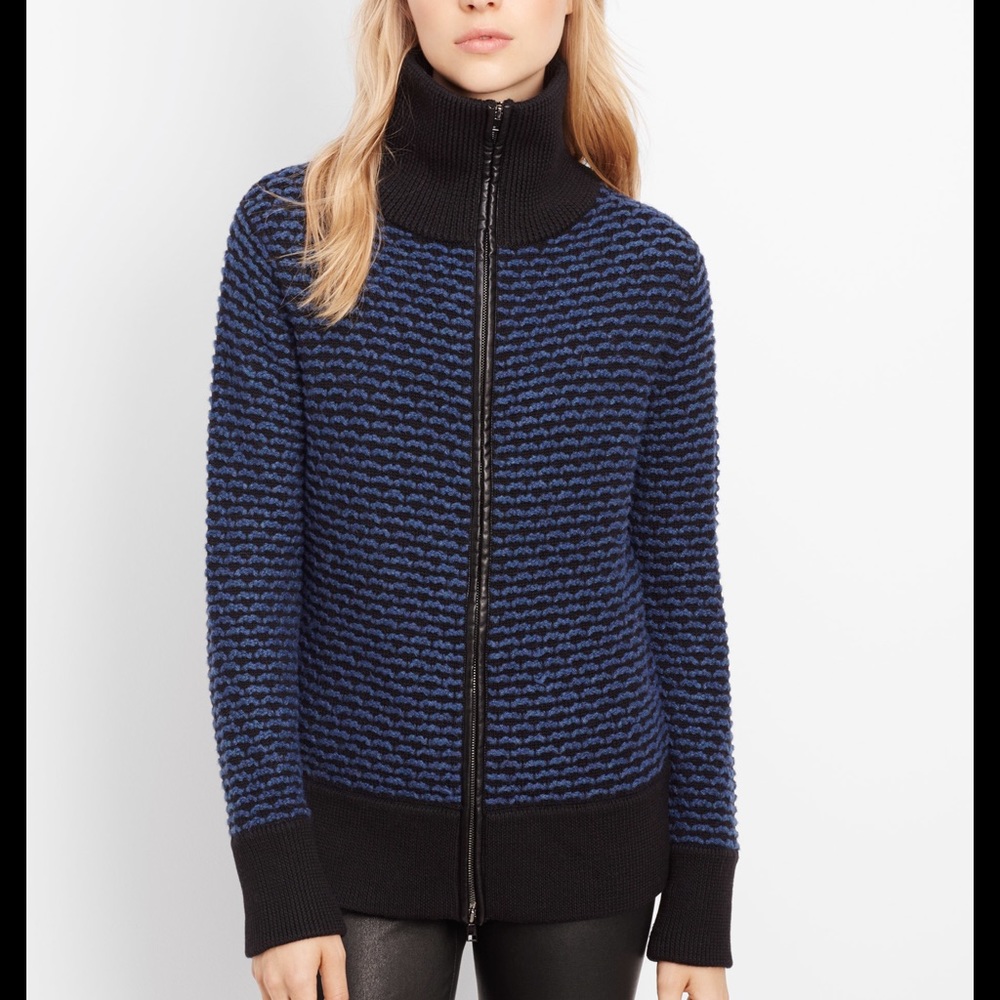 Vince Blue Ribbed Funnel Neck Zip-up Sweater