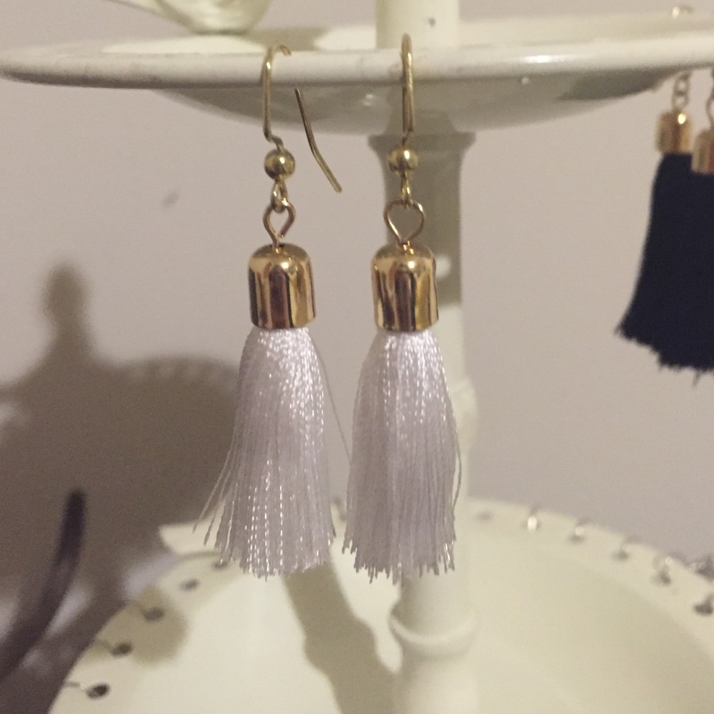 White and Gold Tassel Earrings