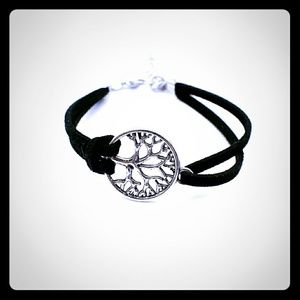 Tree of Life bracelet,  black leather band, adjust