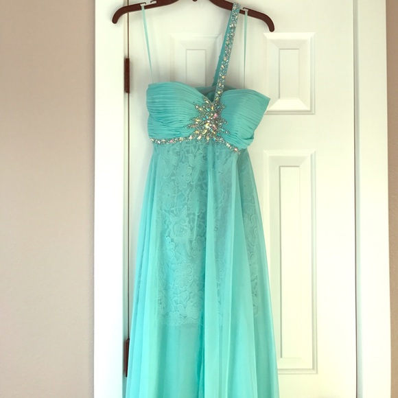 Turquoise Beaded Prom Gown - Picture 2 of 8