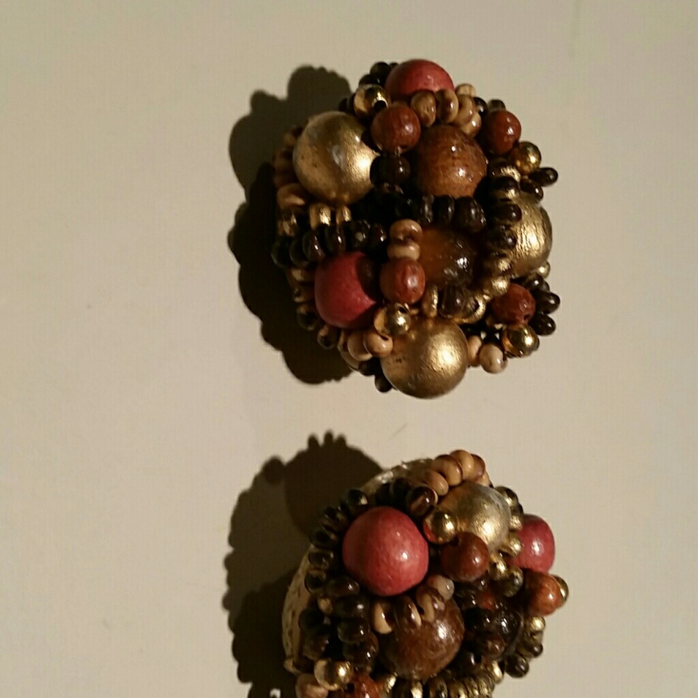 Wood and bead clip on earrings