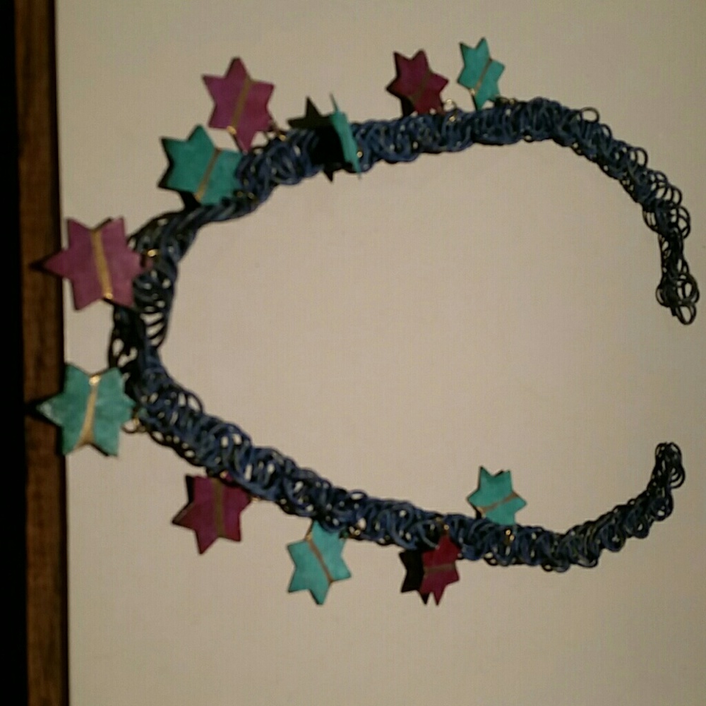 Blue, pink and green metal star necklace