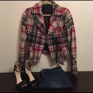 Plaid Cropped Motorcycle Jacket