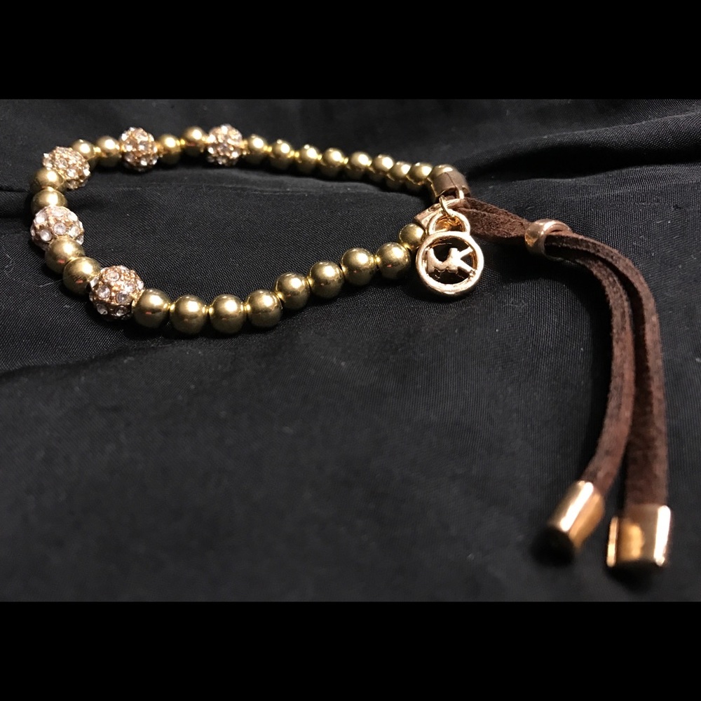 Bracelet,adjustable,gold beads,CZ stones, leather