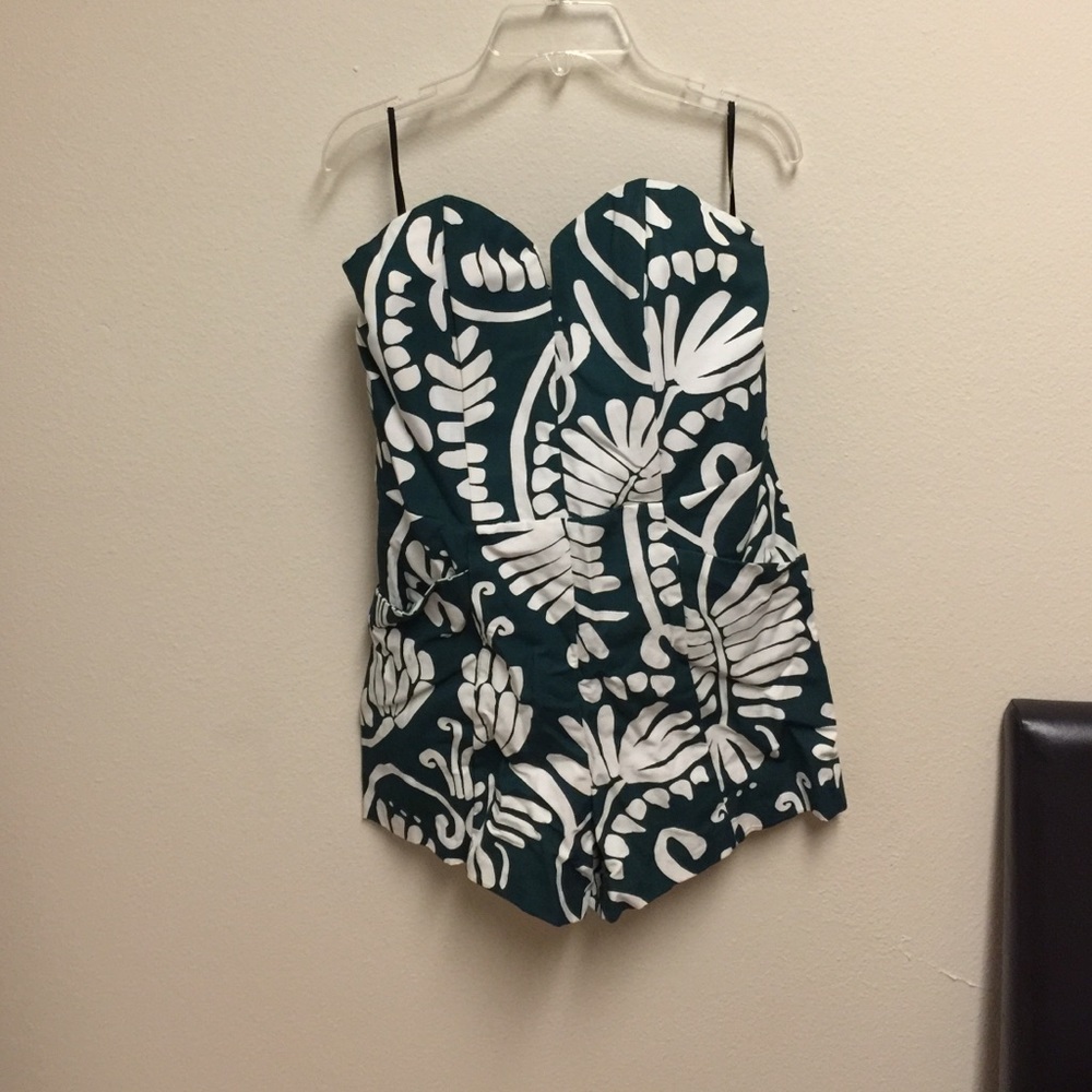Tropical palm print strapless romper