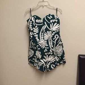 Tropical palm print strapless romper