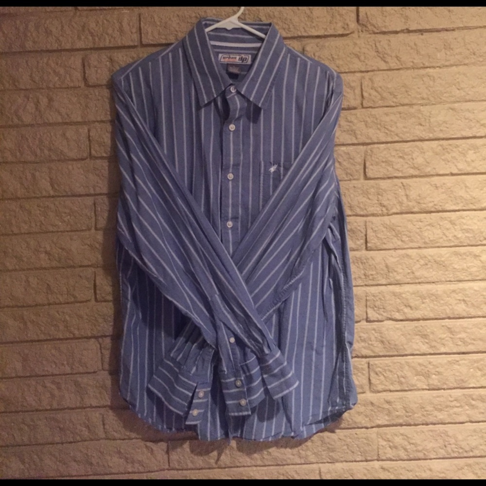 Blue shirt with white vertical stripes
