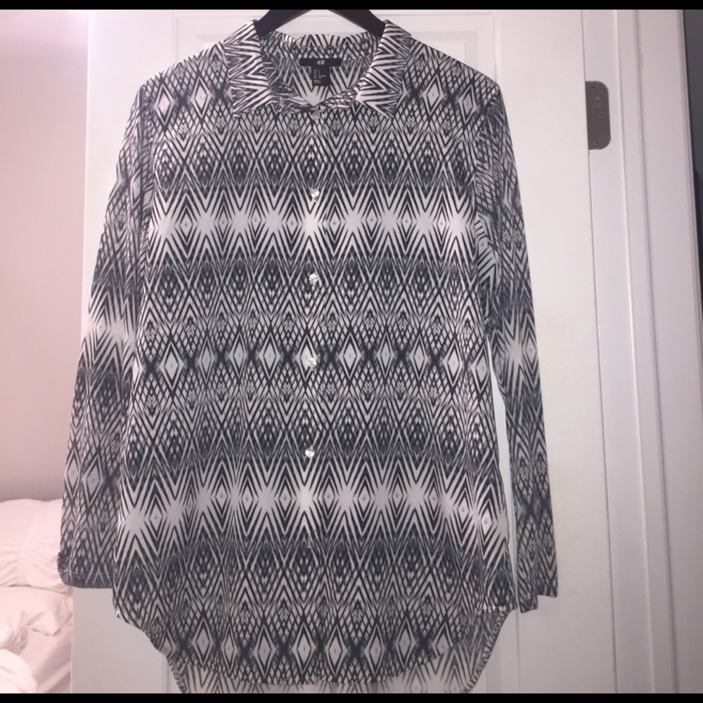 black and white printed button down