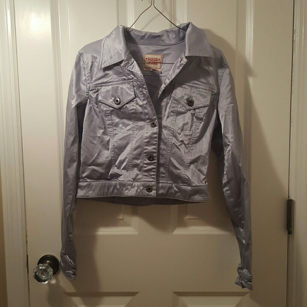 Shiny silvery blue Guess stretch denim jacket