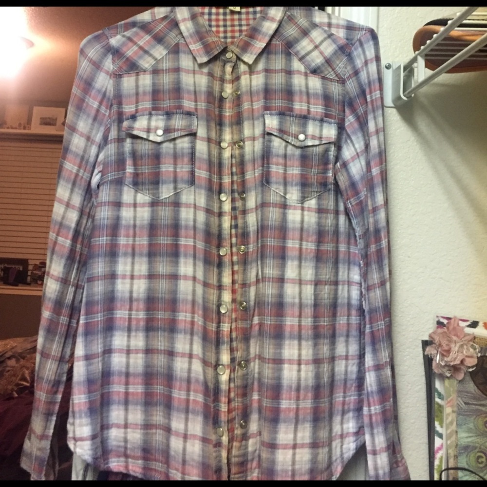 Pink white and light blue flannel