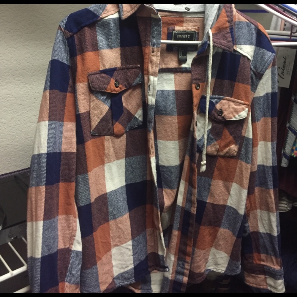 Orange blue and white hooded flannel