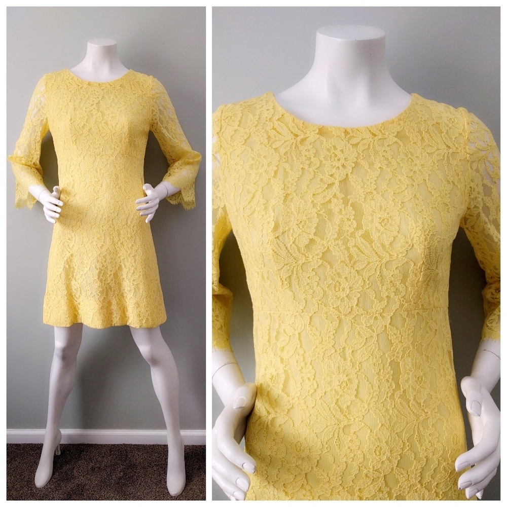 Vintage 1970s Lemon Yellow Angel Bell Sleeve Lace A-Line Mini Dress S