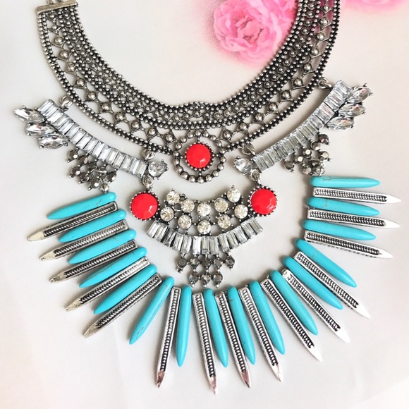 💎HP💎 CRYSTAL & TURQUOISE LAYER BIB NECKLACE - Picture 3 of 7