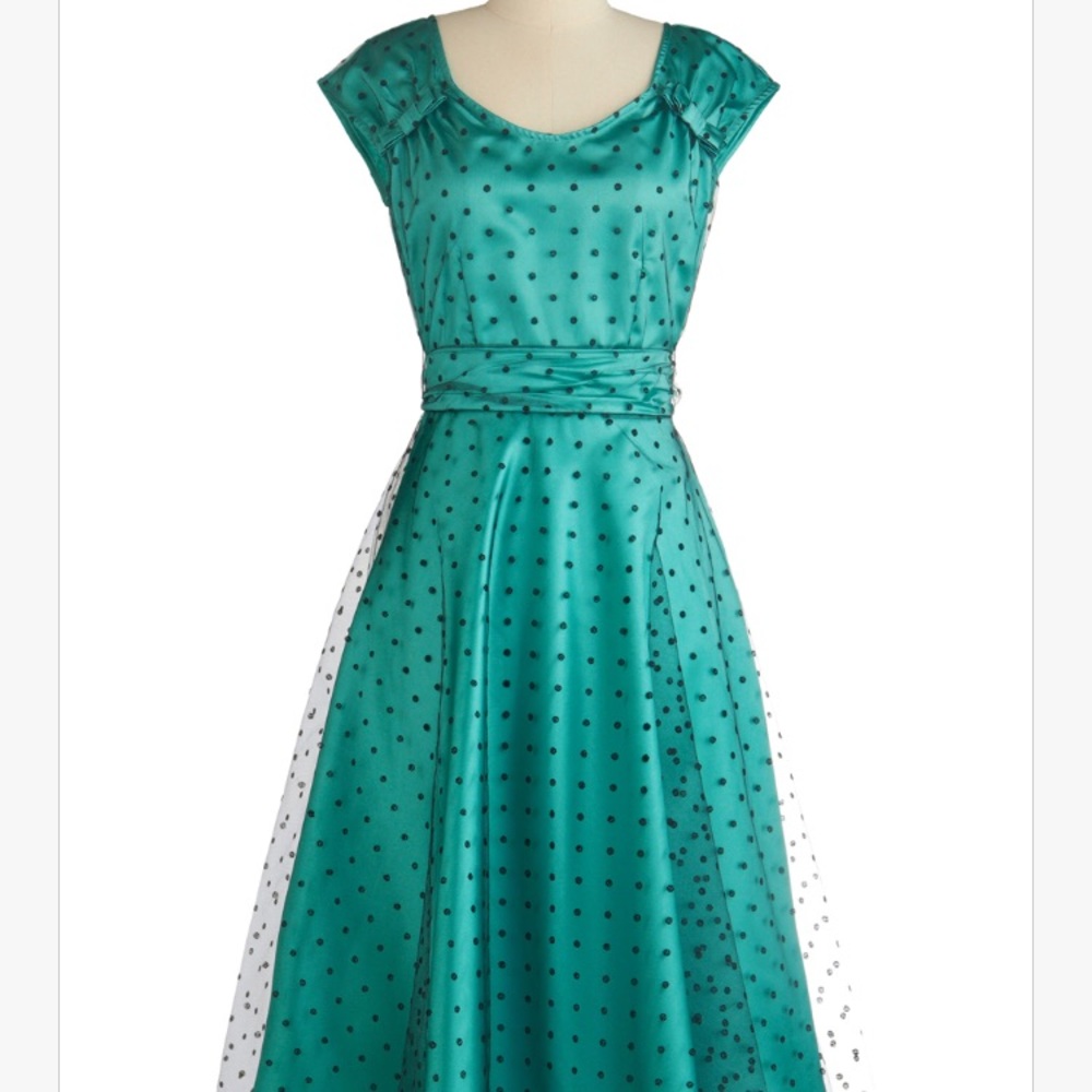 Stop Staring! teal dress with black polka dots