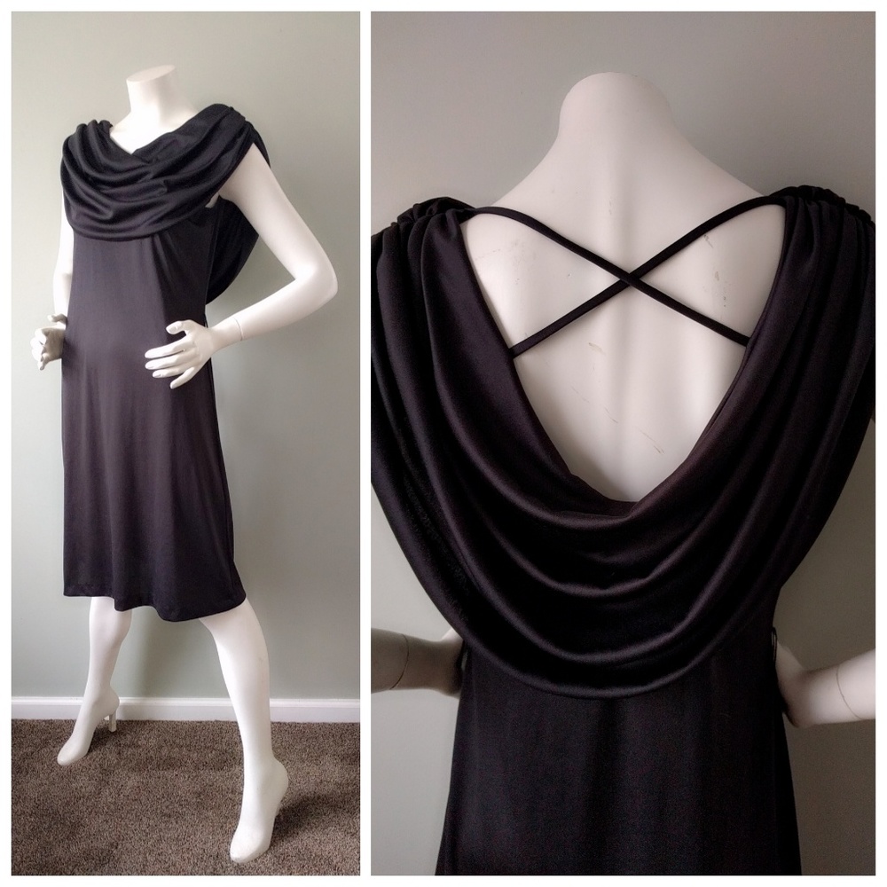Vintage 1970s Black Slinky Jersey Disco Queen Cowl Neck Backless Dress S M LBD